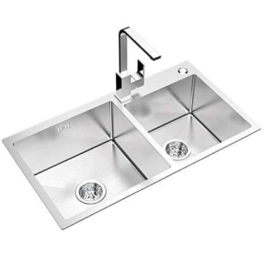 Imagem de HHHJQFAAT Tanque duplo para pia doméstica em aço inoxidável, grande capacidade, recipiente para copo de lavagem, fácil de limpar, presente