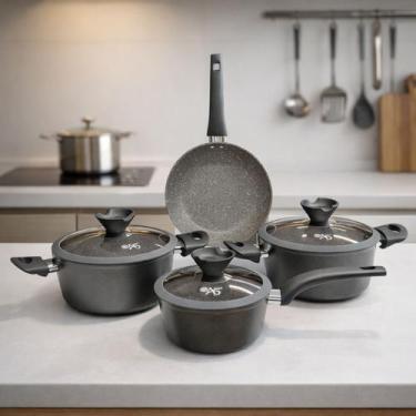 Imagem de Jogo Panelas Granito Marmorizado Antiaderente Fogão Indução Conjunto O