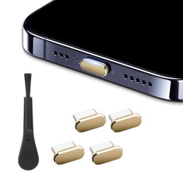 Imagem de 4 peças de plugue de poeira USB C dourado com 1 escova de limpeza, capa de porta de carregamento tipo C de metal, capa de plugue USB-C antipoeira, tampas de porta de carregamento, protetores de porta