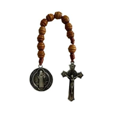 Imagem de Rosário Católico De Bolso Com Contas De Madeira Marrom E Medalha De Sã