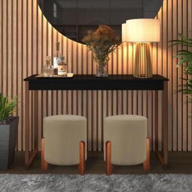 Imagem de Puff Banqueta Decorativo Luna Linho Veludo Pés Madeira veludo Bege