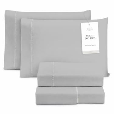 Imagem de Jogo De Lençol Cama Box King Size 4 Peças Percal 600 Fios Toque Macio Cinza