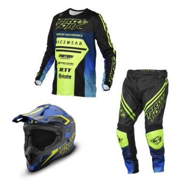 Imagem de Kit Motocross Adulto Pro Tork Brave Camisa + Calça + Capacete, Amarelo