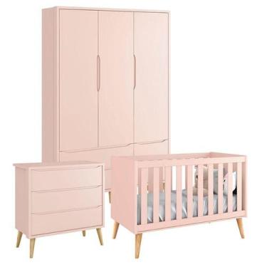 Imagem de Quarto de Bebê Theo 3 Portas Cômoda Gaveteiro Rosa com Pés Madeira Nat
