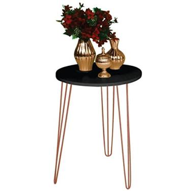 Imagem de Mesa de Apoio e Lateral Canto Redonda MDF 45cm Pé de Ferro Metal Hairpin Cor:Tampo Preto Pé Rosê-Cobre