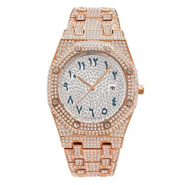 Imagem de ICEDIAMOND CZ Lab Relógio de pulso de quartzo com charme de diamante, zircão gelado 43mm mostrador de calendário hip hop relógio de joias para homens (Rose)