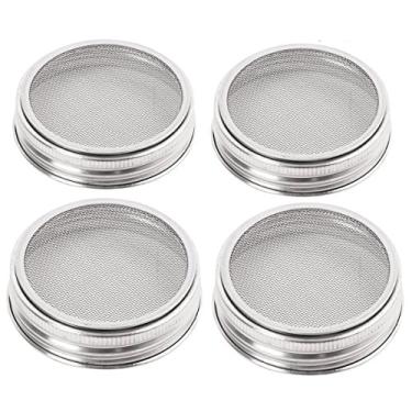 Imagem de Pacote com 4 tampas de coador de pote de aço inoxidável – tampas de kit de broca de vidro de boca regular – para crescimento de feijão, brócolis, alfafa, brotos de salada e mais