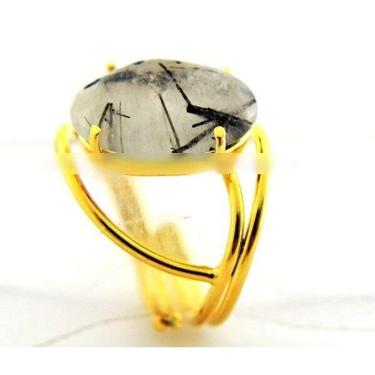 Imagem de Anel Cristal com Turmalina Cabochão Oval Pequeno Dourado