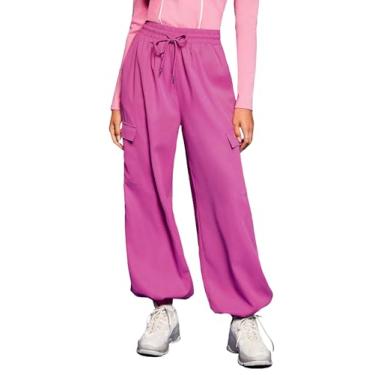 Imagem de OYOANGLE Calça cargo feminina jogger cintura elástica bolso com aba calças largas calças casuais de paraquedas, rosa, G