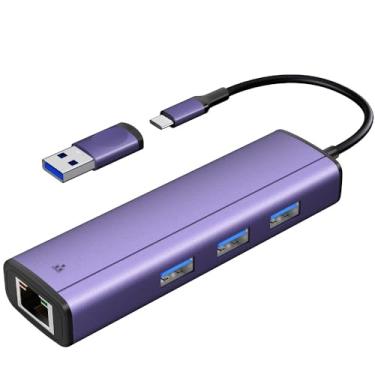 Imagem de IVSHOWCO Hub multiportas USB 4 em 1 e tipo C com interface RJ45 de 1000 Mbps, 3 portas USB 3.0, compatível com MacBook Air/Pro, iMac, iPad Pro, para iPhone 15 USB C 3.0 para adaptador Ethernet, roxo