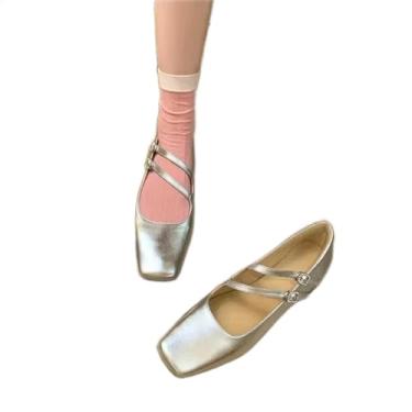 Imagem de ZIRIA Sapatos femininos Mary Janes com fivela dupla sapatos de salto alto retrô feminino, Prata, 36