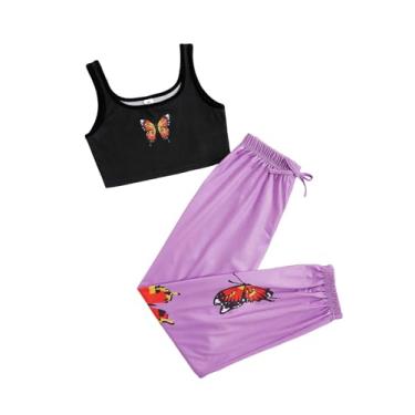 Imagem de SOLY HUX Conjunto de 2 peças para meninas, top cropped e calça, roupas fofas da moda, Borboleta laranja A, 9 Anos