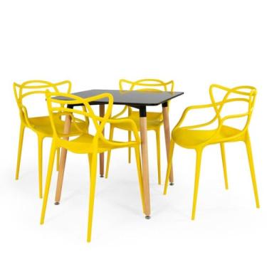 Imagem de Conjunto Mesa de Jantar Quadrada Eiffel Preta 80x80cm com 4 Cadeiras Allegra - Amarelo