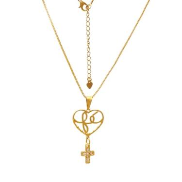 Imagem de Colar Religioso com Escrita Fé e Cruz Corrente Feminina Folheada a Ouro 18K Softjoias
