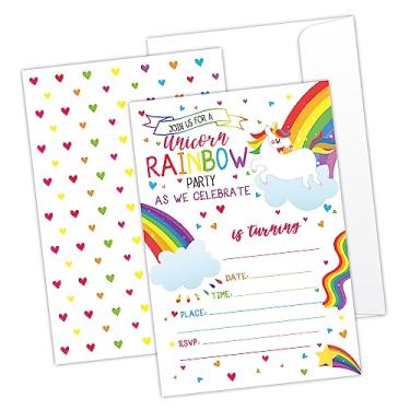 Imagem de LONLONBANG Convites de festa de aniversário arco-íris para meninas meninos adolescentes, celebração de festa para crianças, arco-íris de festa divertida, lembrancinhas de suprimentos de decoração de