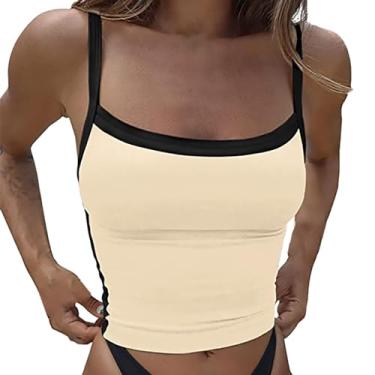 Imagem de Regata feminina de verão cropped color block sem mangas alças finas camiseta sexy para sair, Bege, G