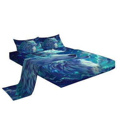 Imagem de Eojctoy Jogo de lençol 3D - Jogo de cama solteiro com estampa reativa, 4 peças, céu estrelado, animal, lobo - macio, respirável, resistente ao desbotamento - Inclui 1 lençol de cima, 1 lençol com