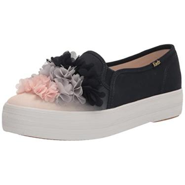 Imagem de Keds Tênis feminino da moda Triple Decker, Sapatilha com listras metálicas, Aplique floral azul, 35