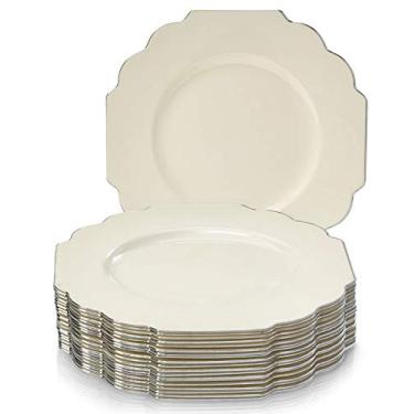 Imagem de SILVER SPOONS Pratos de plástico elegantes para festa com borda recortada (10 peças), pratos de sobremesa descartáveis resistentes para recepção de casamento - 15 cm, conjuntos de louça de plástico