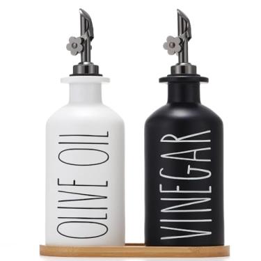Imagem de HOMCDALY Dispensador de azeite de oliva premium para cozinha, garrafas de óleo de vidro de 335 ml com bandeja de bambu, conjunto de galheteiro de óleo e vinagre, garrafas dispensadoras de cozinha com