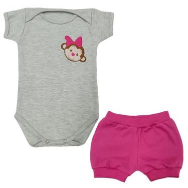 Imagem de Conjunto Body Manga Curta Bebê Macaquinha Laço Pink + Shorts - Mellane
