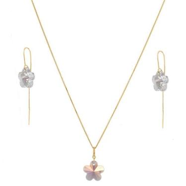 Imagem de Conjunto Colar 50cm Flor Cristal Pingente Brincos Ouro 18k - DR Joias,