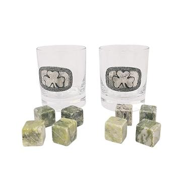Imagem de Exclusively Irish Conjunto de 2 copos e 8 pedras de gim Shamrock Whisky Connemara Marble Chilling Rocks Bar Pub itens para beber presente masculino presente de aniversário lembrança do dia dos pais
