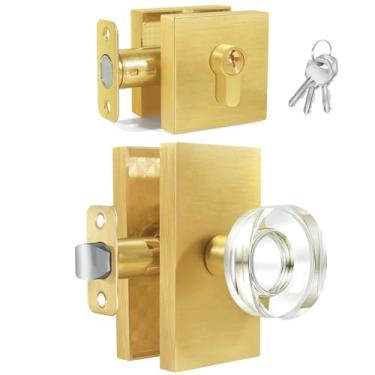 Imagem de BonKuDoo Maçaneta de porta dourada com fecho, fechadura de cilindro único de latão acetinado e conjunto de maçanetas de porta de cristal de vidro