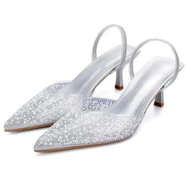 Imagem de YIYA Sapatos femininos de salto alto transparente com bico fino cravejado de pérolas, salto médio, strass brilhante, sem cadarço, para festa de casamento, Prata, 37