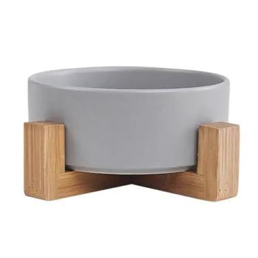 Imagem de Comedouro grande de Cerâmica para Pets com Suporte de Madeira, 850 ml, Modelo Verona (Cinza)
