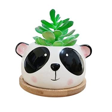 Imagem de Vasos de suculenta, vasos de flores de cacto suculentas de cerâmica em forma de animal fofo com bandeja de bambu - planta não incluída (pequeno, Panda)