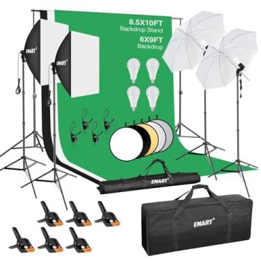 Imagem de EMART Sistema de suporte de pano de fundo de 2,6 x 3 m, kit de iluminação fotográfica profissional com lâmpada LED de 50 W, refletor, fundo de 1,8 x 2,7 m, kit de iluminação de guarda-chuvas e softbox
