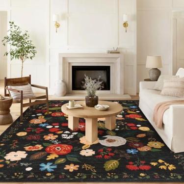 Imagem de U'Artlines Tapete de área floral vintage de 1,8 x 2,7 m, lavável na máquina, ultra macio, pilha baixa, antiderrapante, antiderrapante, para sala de estar, quarto, sala de jantar, escritório (preto