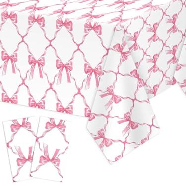Imagem de Oudain 2 peças de toalha de mesa de laço rosa com laço fofo toalha de mesa descartável de plástico para decoração de festa de despedida de solteira, aniversário, chá de bebê, suprimentos de decoração
