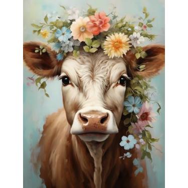 Imagem de Kits de pintura de vaca marrom em jérsei vestido com flores 5D diamante redondo completo arte de diamante DIY pintura por diamante kits para iniciantes ponto cruz fácil para presente de decoração de