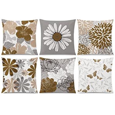 Imagem de COMMINY Conjunto de 6 capas de almofada cinza marrom 50,8 x 50,8 cm com 6 capas decorativas de margarida para sofá moderno café para pátio, sala de estar, almofada, cama, casa de fazenda, decoração de