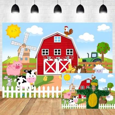 Imagem de Leyiyi 2,1 x 1,5 m de desenho animado de celeiro de fazenda, animais de fazenda, rústico, celeiro vermelho, casa, cerca branca, fundo fotográfico, aniversário, chá de bebê, banner, decoração de vinil