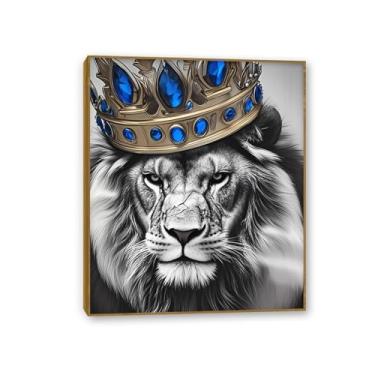 Imagem de SDYJ6GSW Arte de parede em tela de leão preto e branco leão coroa de ouro rei imagem de arte para quarto decoração de casa pronto para pendurar moldura de teca 90 x 70 cm (36 x 28 pol)