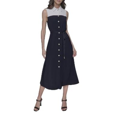 Imagem de KARL LAGERFELD Vestido feminino midi sem mangas com colarinho e cores contrastantes, Marinho/branco macio, 50