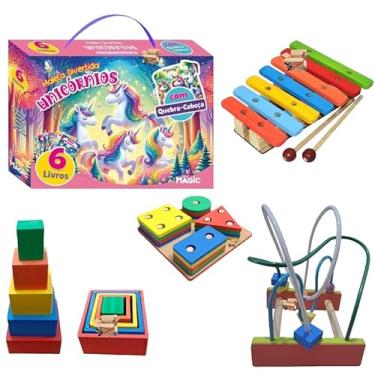 Imagem de Kit Atividades 5 Brinquedos Pedagógicos Em Madeira + 6 Livros - Primeira Infância TDAH (Kit 5 Maleta Unicórnios)