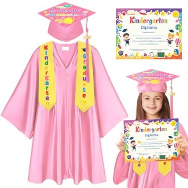 Imagem de GZHOK Boné e vestido de formatura de jardim de infância, boné de formatura pré-escolar com borla e certificado de formatura, rosa, G