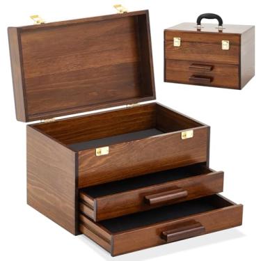 Imagem de Weysat Mini caixa de ferramentas de madeira de 35,5 cm com 2 gavetas e armazenamento superior, caixa de ferramentas pequena portátil com forro de PVC, caixa organizadora de maquiagem com fecho de