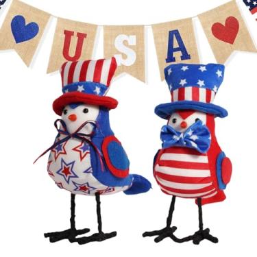 Imagem de 2 Pássaros de pelúcia, decorações de 4 de julho, estatuetas de pássaros, decorações de quarto de julho, enfeites de pelúcia, decoração do dia da independência, prateleira de mesa patriótica, decoração