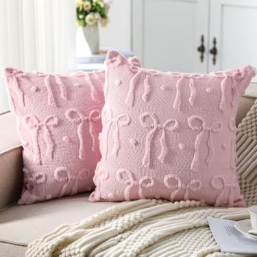 Imagem de Mixweer Capas de almofada com laço rosa 45,7 x 45,7 cm, conjunto de 2 capas de almofada decorativas de pelúcia macia de lã sintética, decoração de quarto para cama, sofá, sala de estar