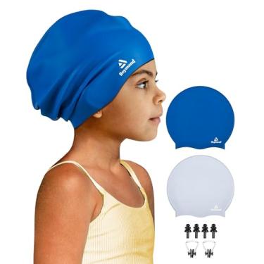 Imagem de Pacote com 2 toucas de natação extra grandes para cabelos longos e grossos, touca de natação de silicone impermeável para crianças, crianças, meninas, meninos, bonés de natação duráveis para tranças,