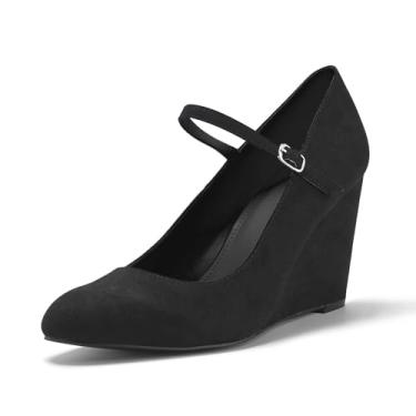 Imagem de Coutgo sapato anabela feminino Mary Jane tira no tornozelo salto alto bico redondo escritório casamento sapatos, Preto, 7.5
