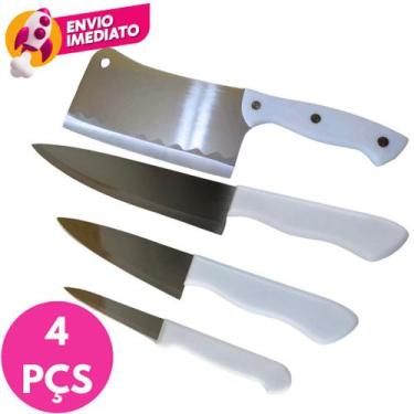 Imagem de Kit 04 Pç Cutelo Machadinha 6 Inox Corta Osso Carne E Jogo 03 Facas Ca