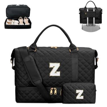 Imagem de CLOUDWINGS Presentes para mulheres, bolsa de viagem com inicial acolchoada, para fim de semana, para pernoite, com bolsa de cosméticos, bolsa de ginástica com compartimento de sapatos, bolsa