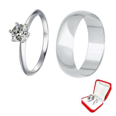 Imagem de Anel Prata União 8mm + Solitario Anel 2mm Prata Tungstenio Namoro - Al