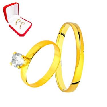 Imagem de Aliança Casamento Ouro 18k 3mm + Anel Solitário Pedra Branca Casal Lux